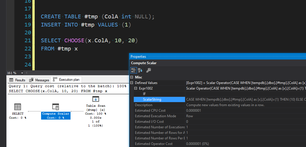 Screenshot of an execution plan in SQL Server Management Studio showing how the SQL function is converted into a CASE statement within the execution plan.