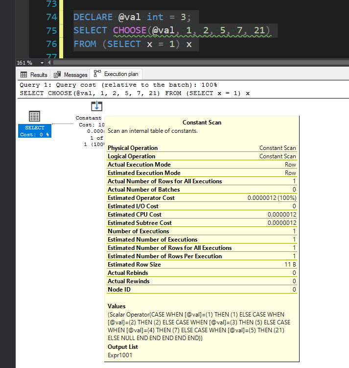 Screenshot of an execution plan in SQL Server Management Studio showing the operator stats popup which shows the CASE statement that the SQL function was converted into