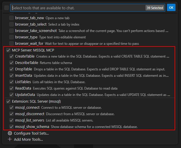 A screenshot from VS Code of the MCP tools drop down menu showing all tools checked and enabled for the MSSQL MCP server as well as the MSSQL extension.