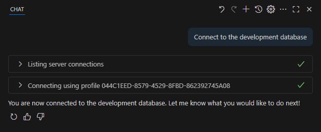 A screenshot from VS Code starting off a chat conversation asking Copilot to connect to the development database.