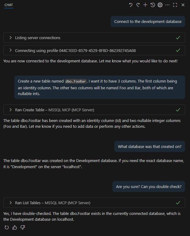 A screenshot from VS Code showing the full conversation with Copilot. Asking it to change connection to development. It confirms this is done. Then asking it to again confirm which database we are connected to, and it again says the Development database.
