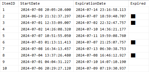 Screenshot of SSMS data grid results using a column containing unicode block characters like "█" to visually identify target rows